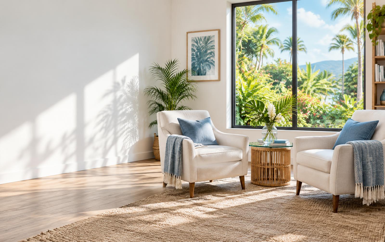A welcoming sunlit room looking onto a tropical garden