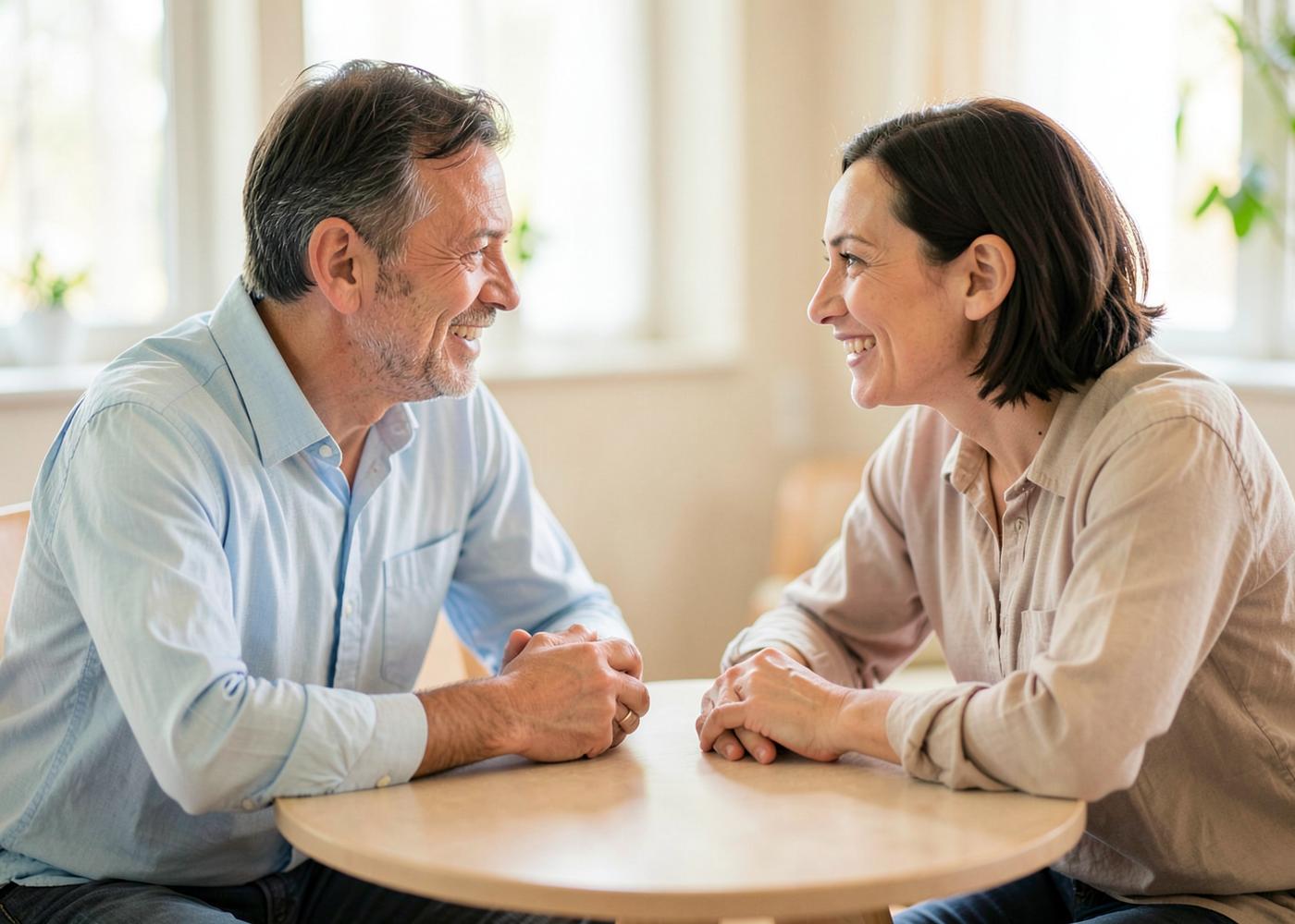 Two people talking warmly across a small table in soft daylight